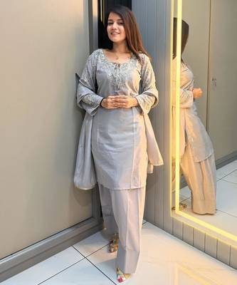 Grey crape readymade kurti set with beads sequin  1