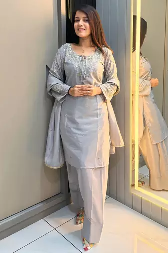 Grey crape readymade kurti set with beads sequence work