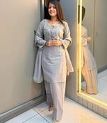 Grey crape readymade kurti set with beads sequence work