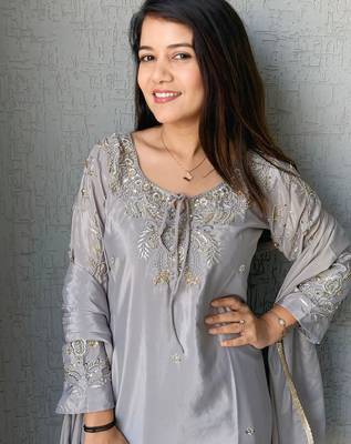 Grey crape readymade kurti set with beads sequin  2