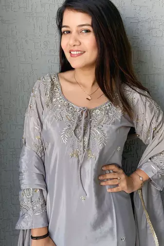 Grey crape readymade kurti set with beads sequin 