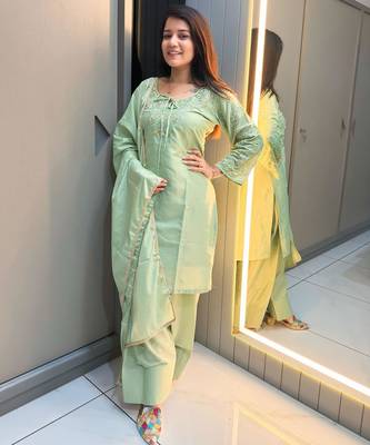 Green crape readymade kurti set with beads sequin  1