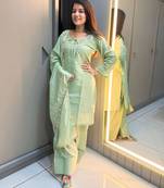 Green crape readymade kurti set with beads sequence work