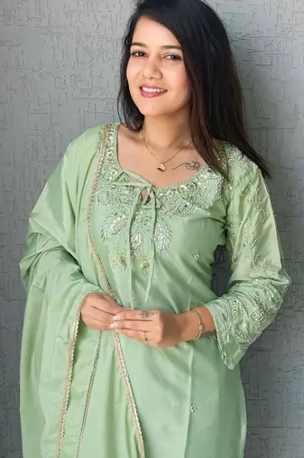 Green crape readymade kurti set with beads sequin 