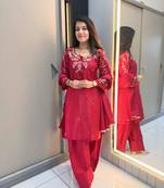 Red crape readymade kurti set with beads sequence work