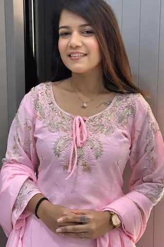 Peach crape readymade kurti set with beads sequin 