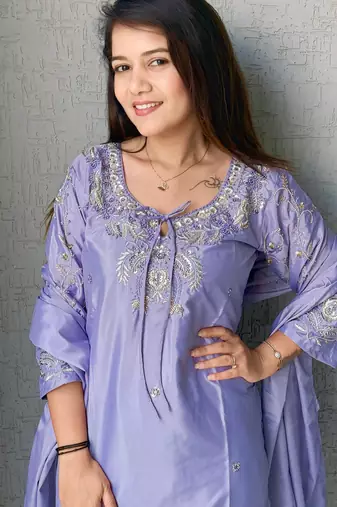 Lavender crape readymade kurti set with beads sequin 