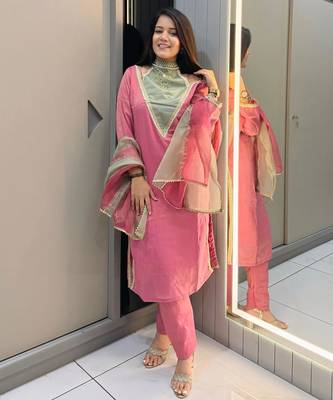 Rani-pink roman shimmer readymade kurti set with designer hand 1