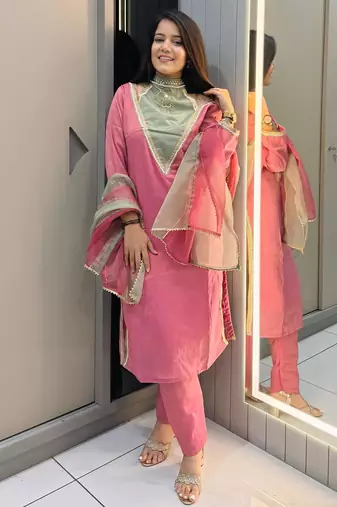 Rani-pink roman shimmer readymade kurti set with designer handwork