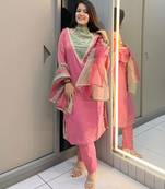 Rani-pink roman shimmer readymade kurti set with designer handwork