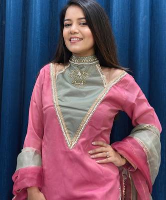 Rani-pink roman shimmer readymade kurti set with designer hand 2
