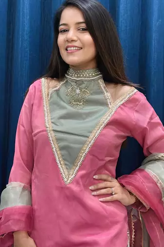 Rani-pink roman shimmer readymade kurti set with designer hand