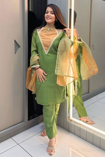 Parrot-green roman shimmer readymade kurti set with designer handwork