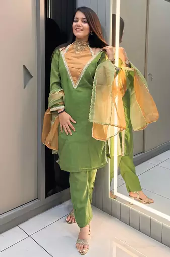 Parrot-green roman shimmer readymade kurti set with designer handwork