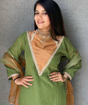 Parrot-green roman shimmer readymade kurti set with designer hand 2