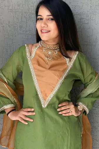Parrot-green roman shimmer readymade kurti set with designer hand