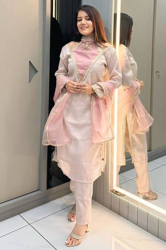 Rose roman shimmer readymade kurti set with designer handwork