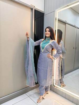 Blue roman shimmer readymade kurti set with designer hand 1
