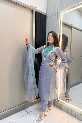 Blue roman shimmer readymade kurti set with designer handwork