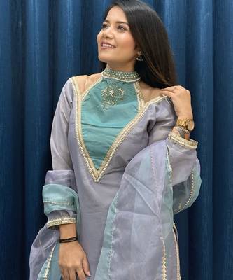 Blue roman shimmer readymade kurti set with designer hand 2