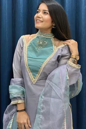 Blue roman shimmer readymade kurti set with designer hand