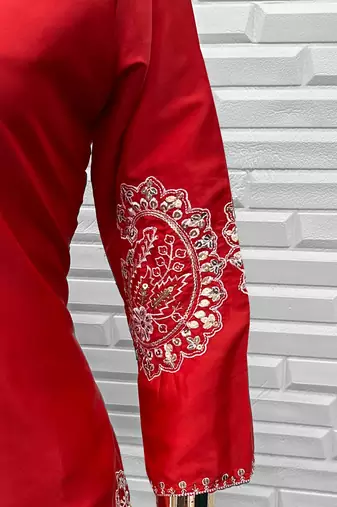 Red crape readymade salwar suit with embroidery 