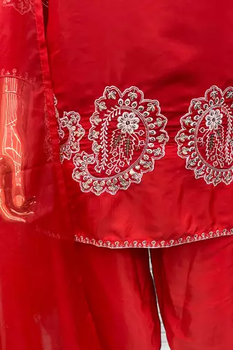 Red crape readymade salwar suit with embroidery 