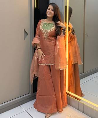 Dark peach roman shimmer readymade kurti set with hand & moti  1