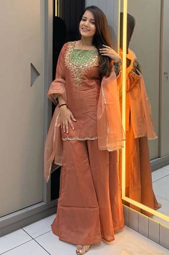 Dark peach roman shimmer readymade kurti set with handwork & moti work