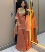Dark peach roman shimmer readymade kurti set with handwork & moti work