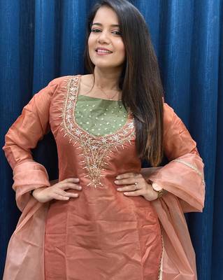 Dark peach roman shimmer readymade kurti set with hand & moti  2