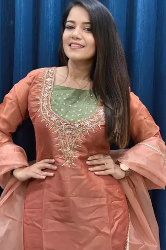 Dark peach roman shimmer readymade kurti set with hand & moti 
