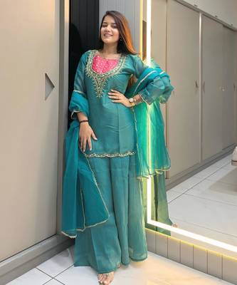 Sky-blue roman shimmer readymade kurti set with hand & moti  1