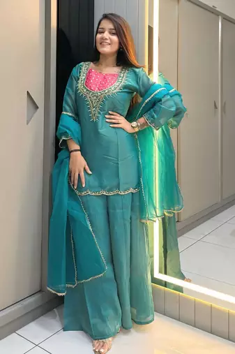 Sky-blue roman shimmer readymade kurti set with handwork & moti work