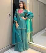 Sky-blue roman shimmer readymade kurti set with handwork & moti work