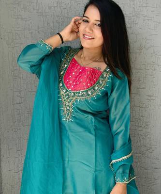 Sky-blue roman shimmer readymade kurti set with hand & moti  2