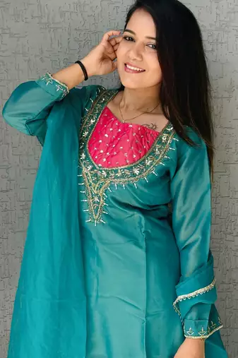 Sky-blue roman shimmer readymade kurti set with hand & moti 