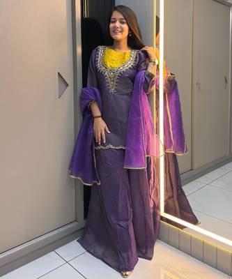 Purple roman shimmer palazzo suit  1