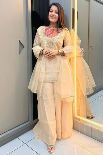 Cream roman shimmer readymade kurti set with handwork & moti work