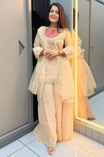 Cream roman shimmer readymade kurti set with handwork & moti work