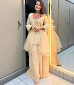 Cream roman shimmer readymade kurti set with handwork & moti work