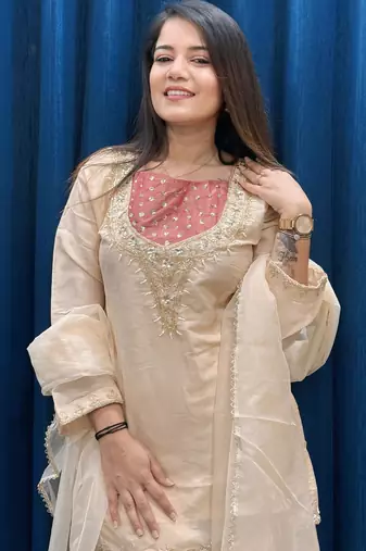 Cream roman shimmer readymade kurti set with hand & moti 