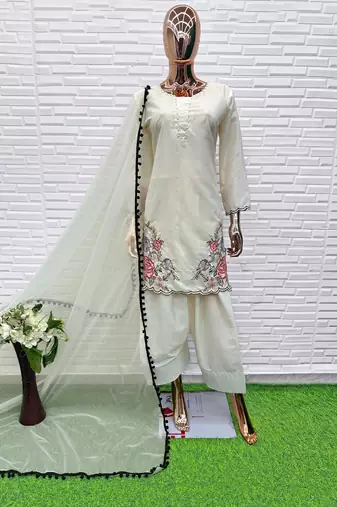 White crape readymade salwar suit with embroidery & sequence work