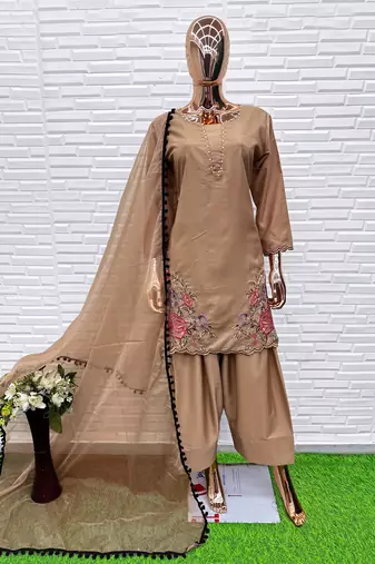 Brown crape readymade salwar suit with embroidery & sequence work