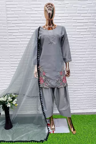 Grey crape readymade salwar suit with embroidery & sequence work