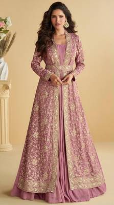 Purple chinon silk readymade anarkali shrug gown with belt & embroidery work Full stitched free size 1
