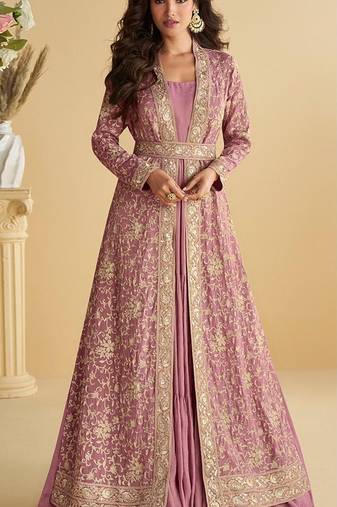 Purple chinon silk readymade anarkali shrug gown with belt & embroidery work Full stitched free size