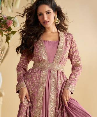 Purple chinon silk readymade anarkali shrug gown with belt & embroidery work Full stitched free size 2