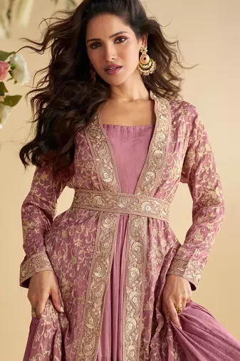 Purple chinon silk readymade anarkali shrug gown with belt & embroidery work Full stitched free size