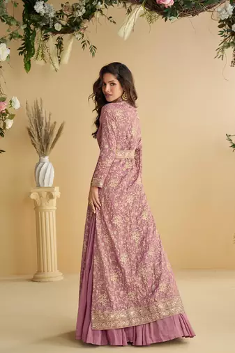 Purple chinon silk readymade anarkali shrug gown with belt & embroidery work Full stitched free size